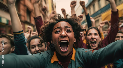 Soccer fans celebrate their team win in the stadium