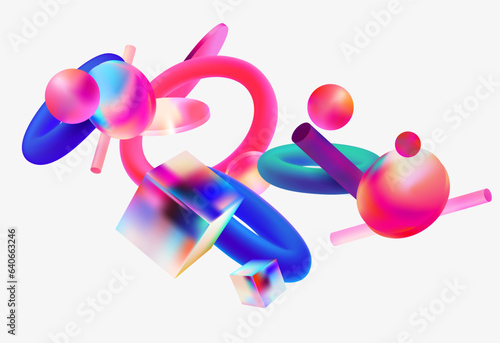 3D color geometric shapes in glass morphism style. Abstract vector design elements.
