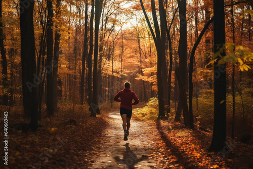 Runner man on a beautiful fall trail, back view. AI generated