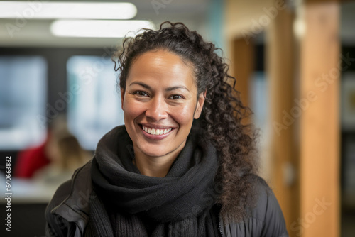 Smiling woman teacher posing inside a school building.