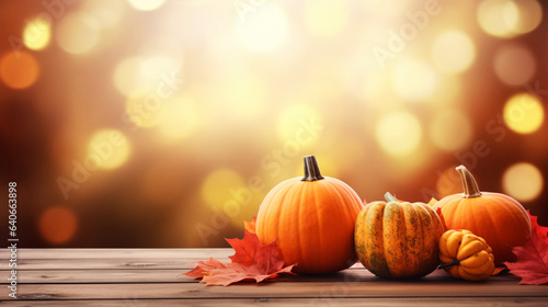 Pumpkins and autumn leaves on a brown wooden table in front of bokeh background of autumn trees with shiny of sunlight. AI generated