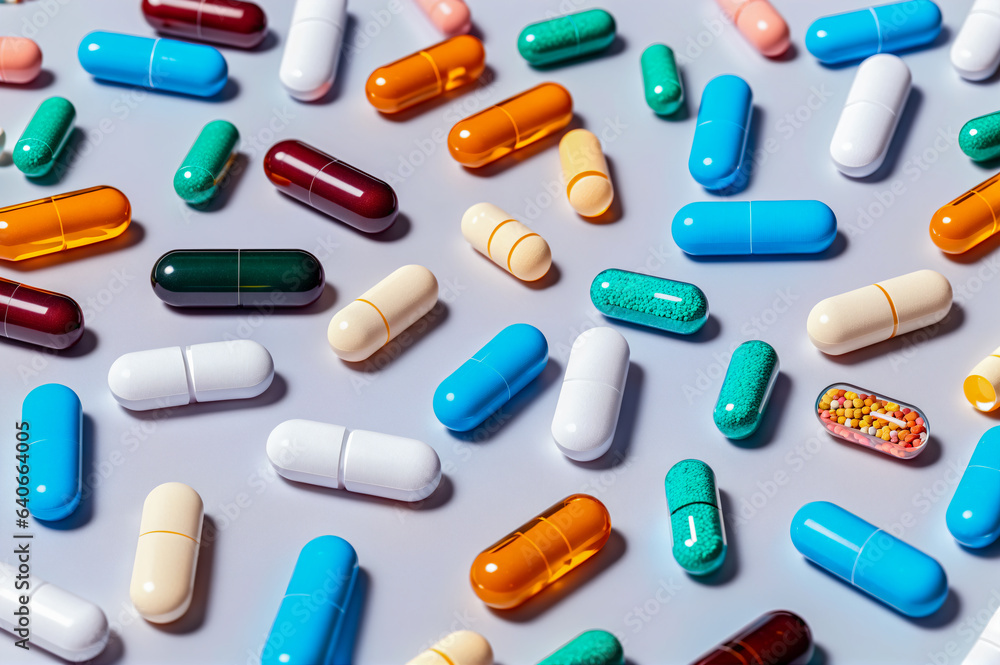 Array of medicines and pills scattered on a table. Array of medicines and pills scattered on a table.