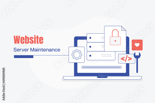 Website under maintenance, Software update, System check, Virus scan, Server maintenance schedule. Vector illustration background with icons © SB Creative