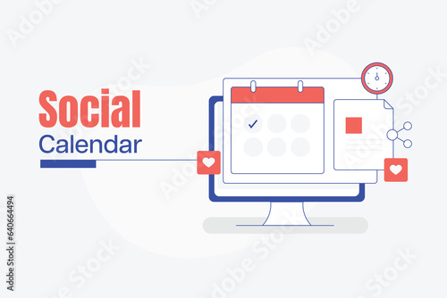 Social media scheduler, Content calendar, Social media content planner, Social media marketing tool, Post scheduler, Vector landing page illustration