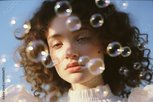portrait of a woman/model/book character surrounded by soap bubbles ethereal setting in a fashion/beauty editorial magazine style film photography look - generative ai art