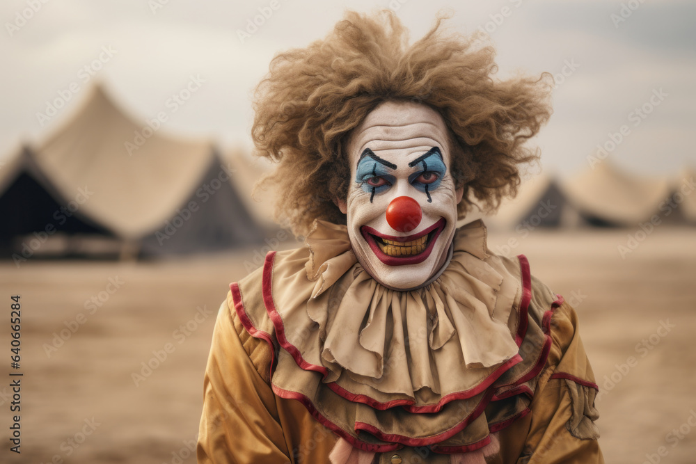 Portrait of a man dressed as a clown with sand desert background Portrait of a man dressed as a clown with sand desert background