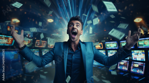 Guy wins the casino jackpot or lottery with money all around the man and gambling machines background