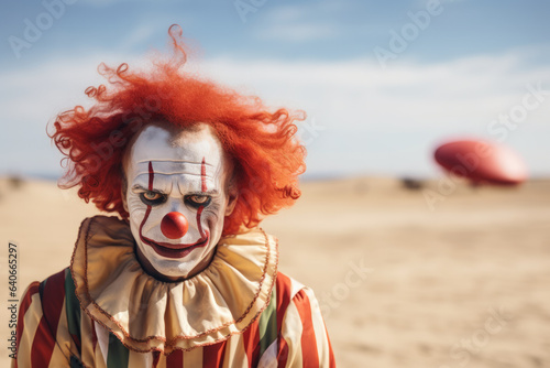 Fotografia, Obraz Portrait of a man dressed as a clown with sand desert background