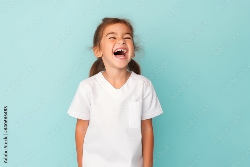 Little girl standing on pastel background, laughing out loud, wearing white nurse uniform Little girl standing on pastel background, laughing out loud, wearing white nurse uniform