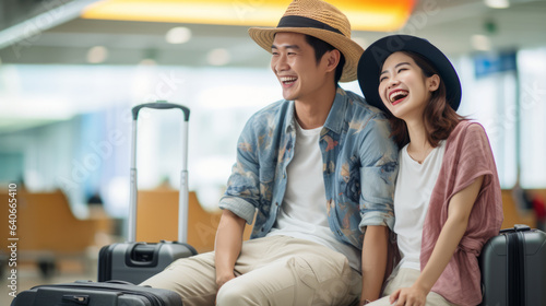 Young good-looking Asian couple sitting with suitcases at airport for international departure travel , happy smiling people