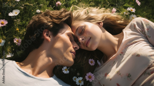 Young lovely couple lying in flower field , man and woman lovers smiling head to head in flowers