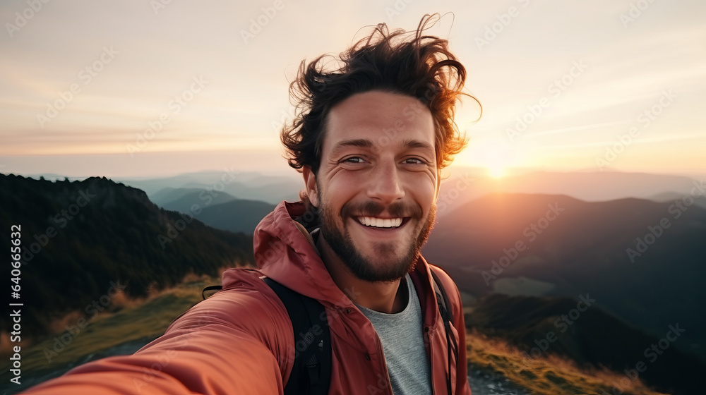 Selfie picture of a young hiker man at top of mountain , happy caucasian guy smiling at camera and enjoying the sunset view Selfie picture of a young hiker man at top of mountain , happy caucasian guy smiling at camera and enjoying the sunset view