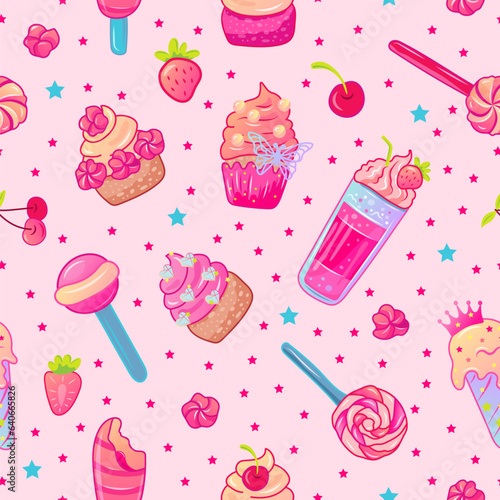 Pink seamless pattern with confectionery images: cupcakes, ice cream, lollipops, cocktail, marshmallow. Pink aesthetic. Vector illustration.