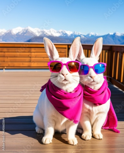 Two cute bunnies wearing pink sunglasses and scarves sitting on wooden deck Generative Ai 