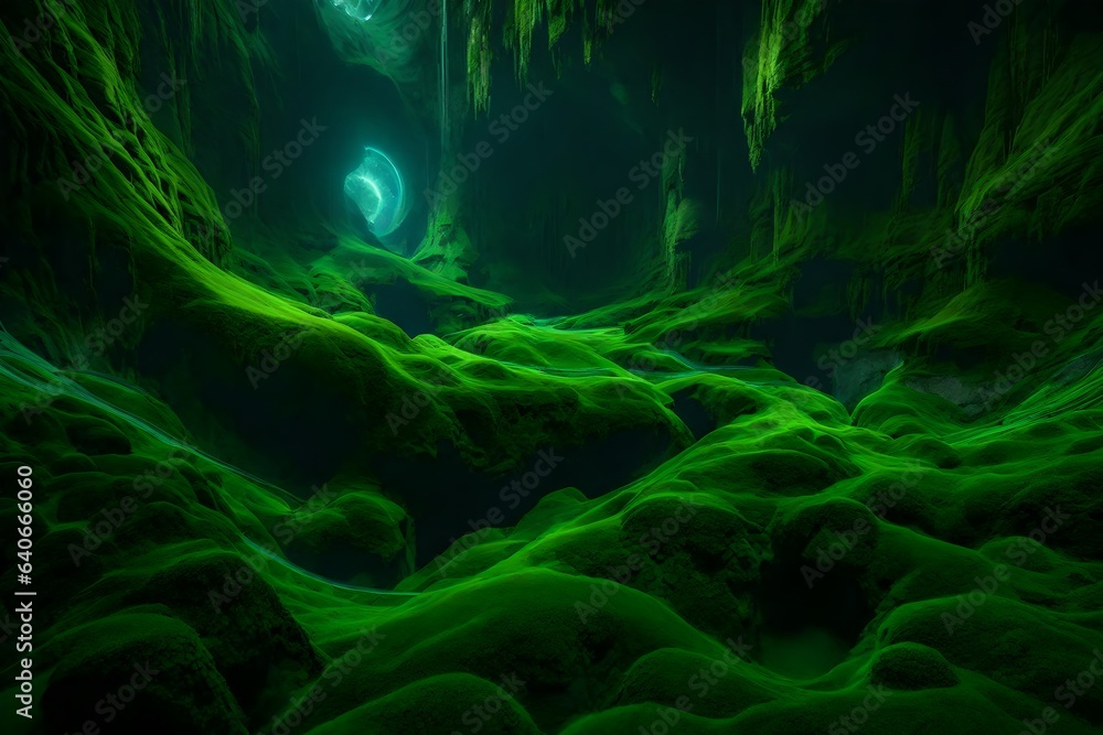 A hidden cave system, with intricate rock formations and underground rivers flowing through chambers adorned with vibrant green moss - AI Generative