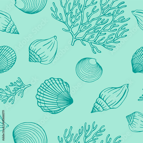 Seamless pattern with seashells, corals. Marine background. Vector illustration in sketch style.