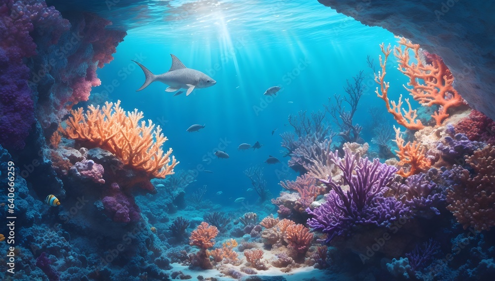 Submerged Sunlit Wonderland. Coral Reef, Fish, and Aquatic Ecosystem in the Underwater Realm.