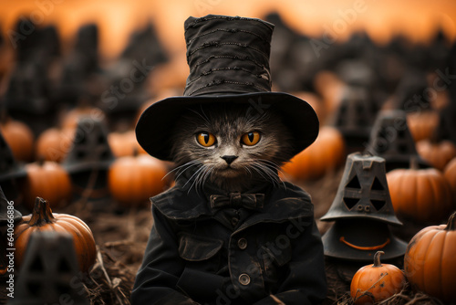 Halloween background with cat in witch hat and pumpkins on field