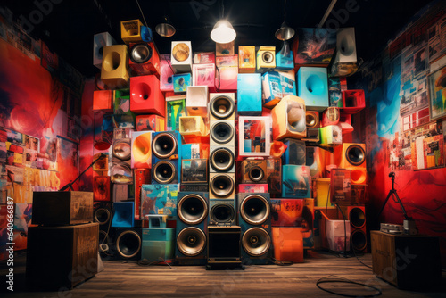 Set of colorful sound speakers standing in home garage. Fun hobby music concept photo