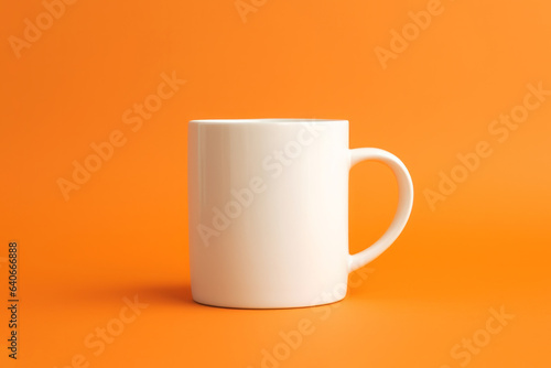 White mug mockup coffee tea ceramic porcelain cap on orange background. Empty blank template design