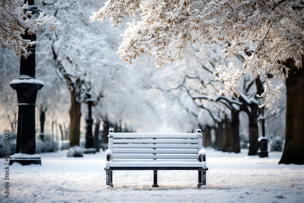 Park bench covered with snow in winter with trees in the background.