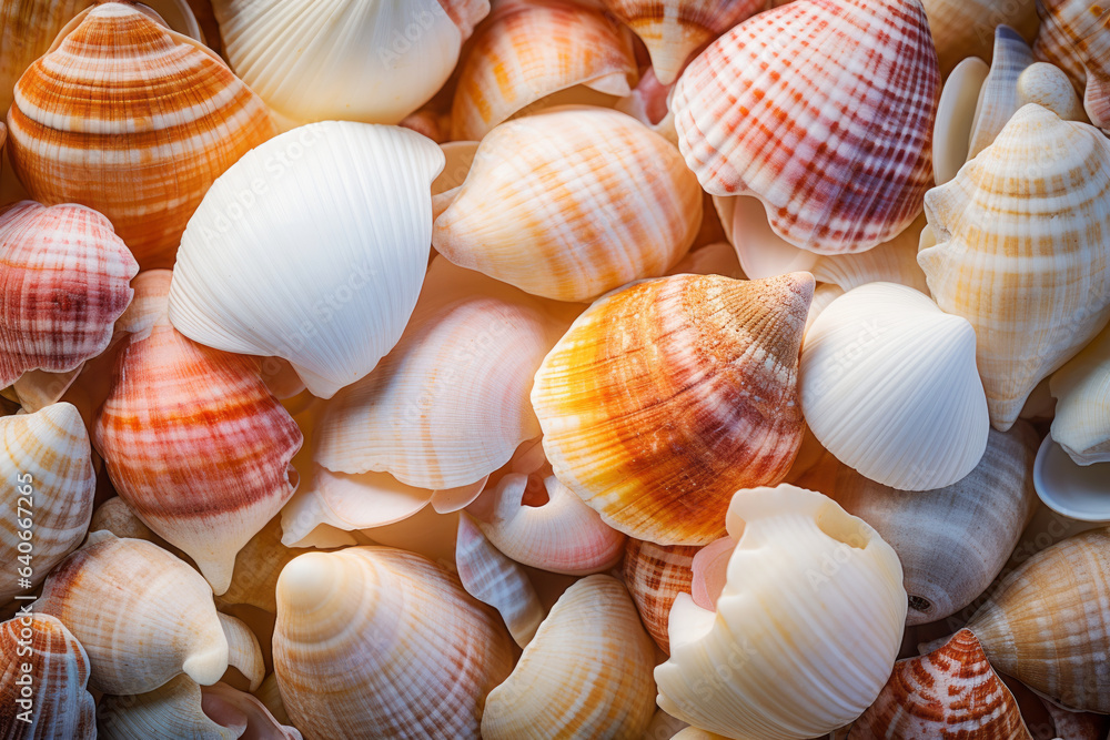 Background of colorful seashells closeup shot in sunny daylight. Sea ocean underwater life concept