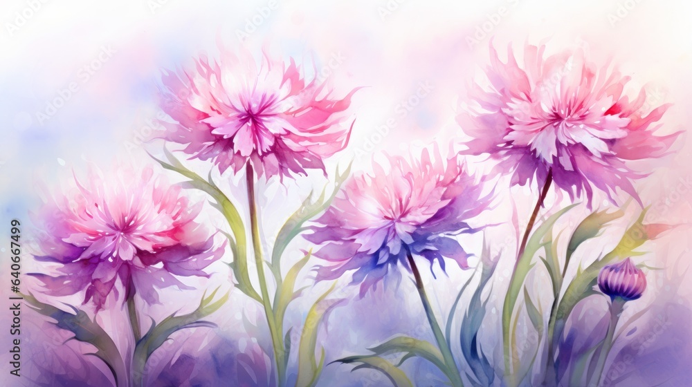 Purple watercolour cornflower knapweed centaurea summer flower illustration. Floral blooming painting - obrazy, fototapety, plakaty 