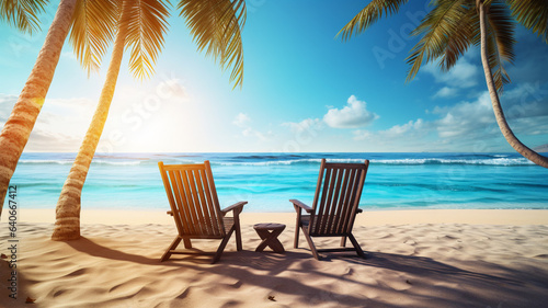Chairs on a beach with a sand and palms. Ocean view. AI generated