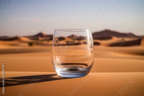 Empty water glass in desert sand drought climate change global warming concept. Mirage of fresh drink © Cherstva