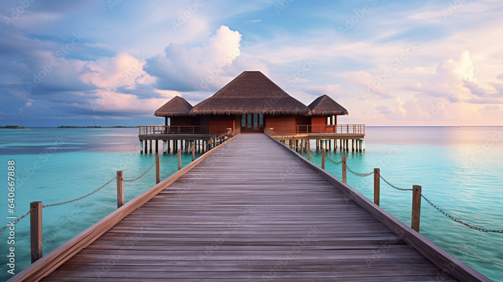 Wooden jetty in a luxury resort. Ocean view. AI generated Wooden jetty in a luxury resort. Ocean view. AI generated