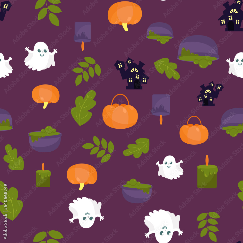 Seamless pattern cute ghost, castle, leaves and pumpkin with leaves. Halloween background in cartoon style. Pattern for packaging, textiles, wallpapers.