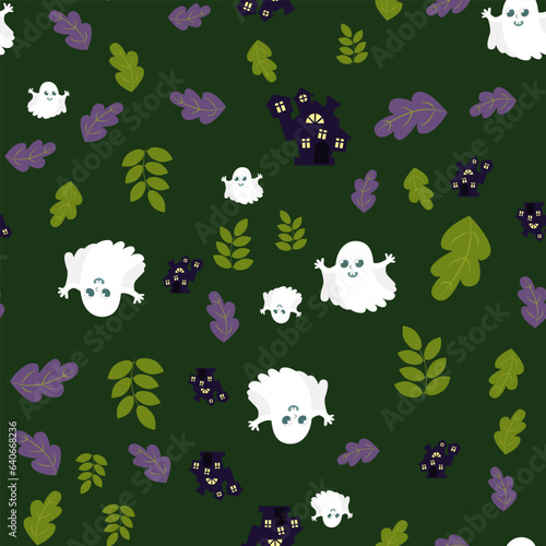 Seamless pattern cute ghost and castle and leaves. Halloween background in cartoon style. Pattern for packaging  textiles  wallpapers.