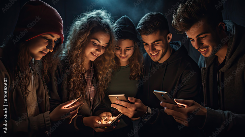 Fototapeta premium a group of young people look at their phones together.