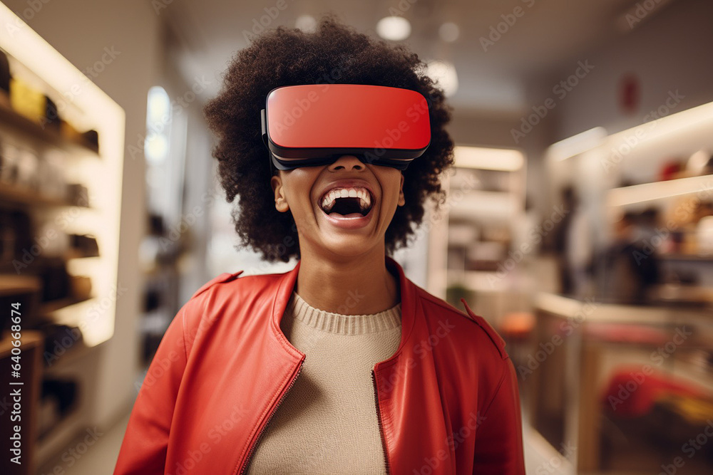 3D Virtual Reality Shopping: Smiling Customer in a Modern Experience 3D Virtual Reality Shopping: Smiling Customer in a Modern Experience