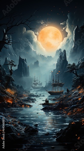 Fantasy landscape with a ship in the sea and a full moon