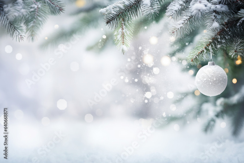 Pine tree branches with Bauble Christmas ornament and lights decoration on blurred falling snow background