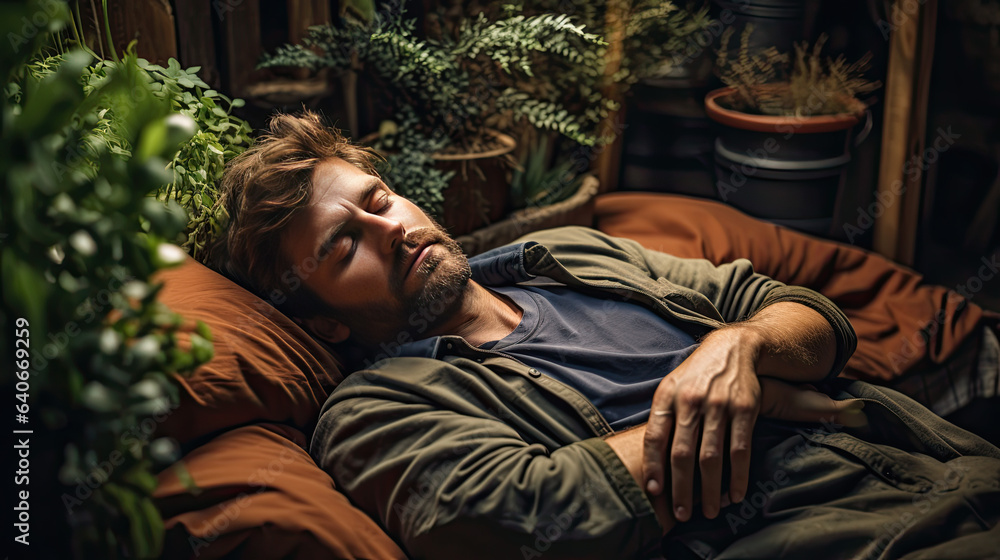 Obraz premium a man sleeps exhausted on a couch between green plants.