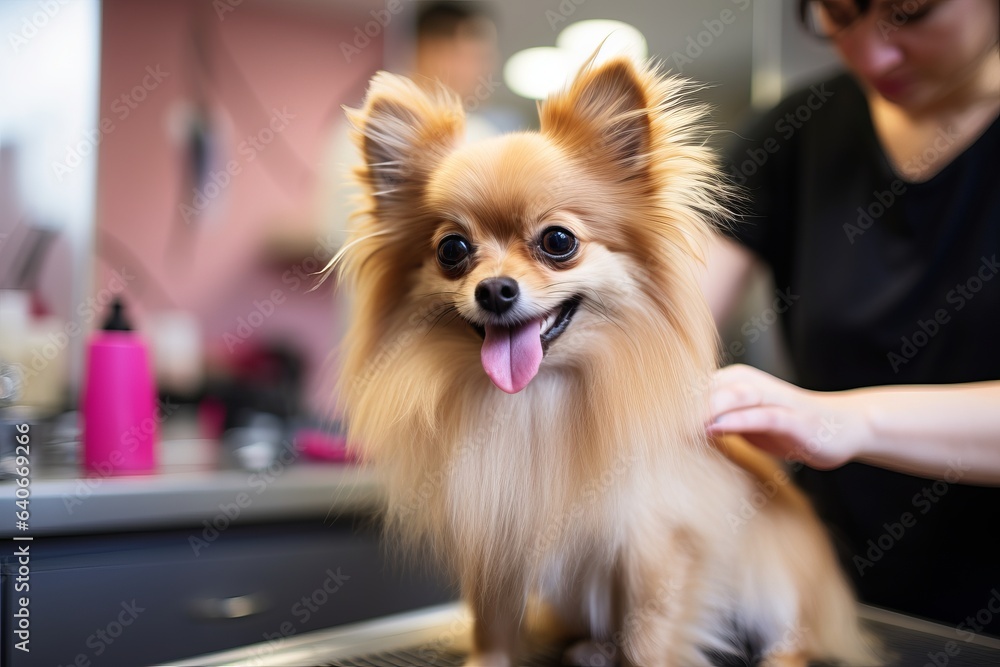 a small yorkshire terrier getting his hair groomed and cut at the hairdresser salon for dogs. a small yorkshire terrier getting his hair groomed and cut at the hairdresser salon for dogs.
