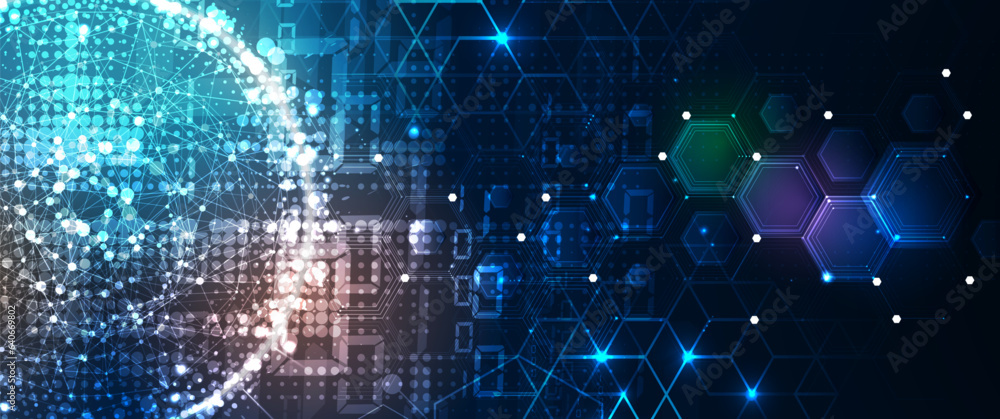 Obraz premium Technology banner design with hexagons abstract background.