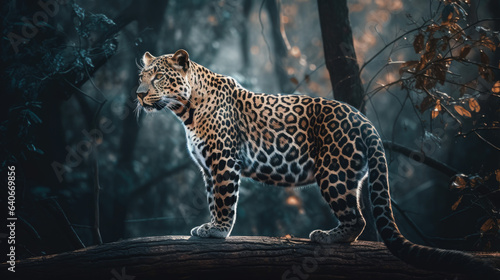 leopard standing on a branch of a tree in the jungle.