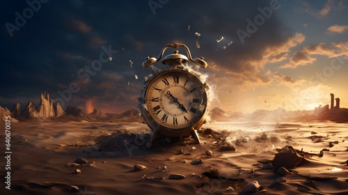 Vintage clock in desert sand, time running out quickly