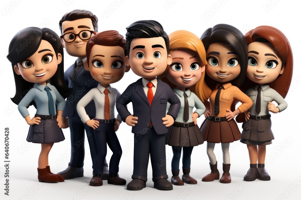 3D cartoon character cute multi ethnic group of young business people corporate team officer