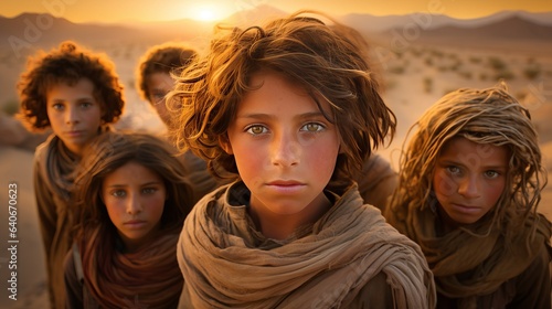 a group of children living the nomad lifestyle in the desert among the dunes of sand, golden hour.