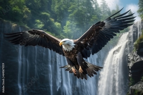 eagle fly on waterfall background in forest