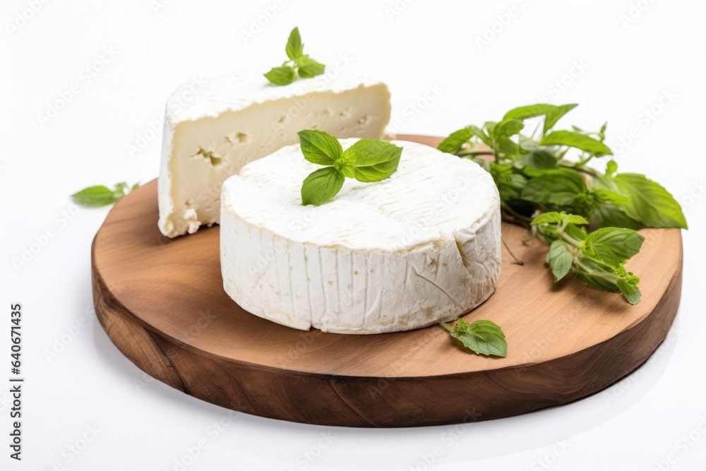 goat cheese on wooden plate isolated on white background 