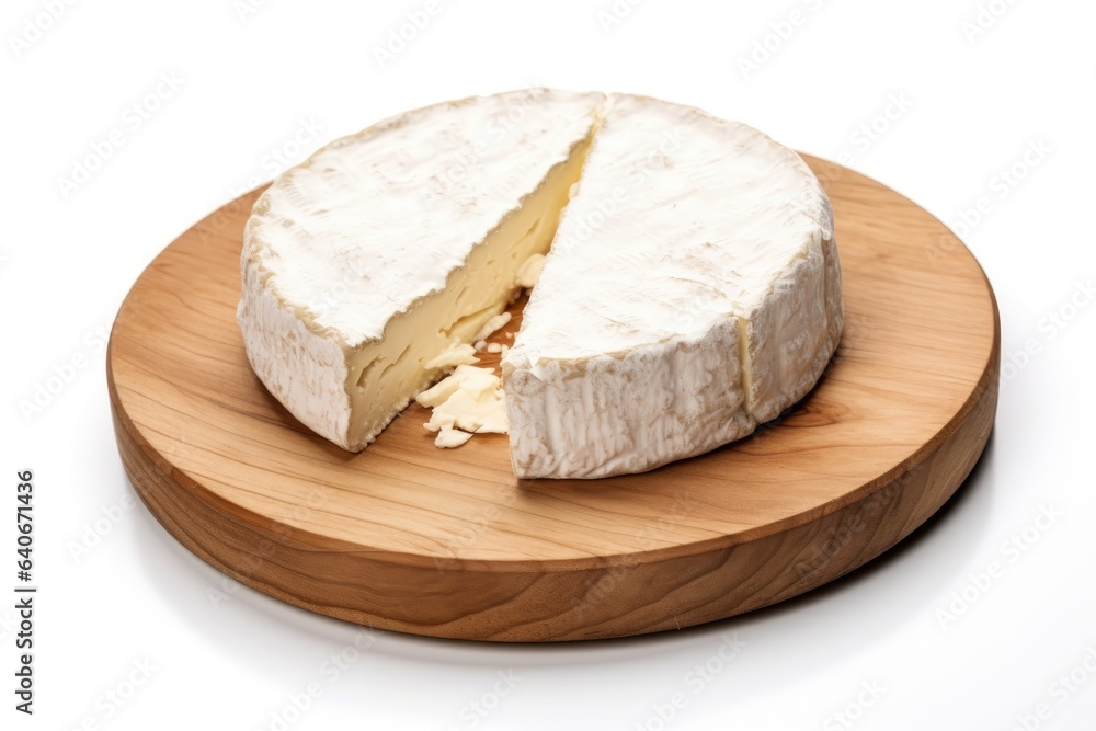 goat cheese on wooden plate isolated on white background 