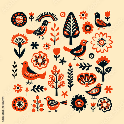 Simple minimalist Scandinavian pattern with birds and flowers
