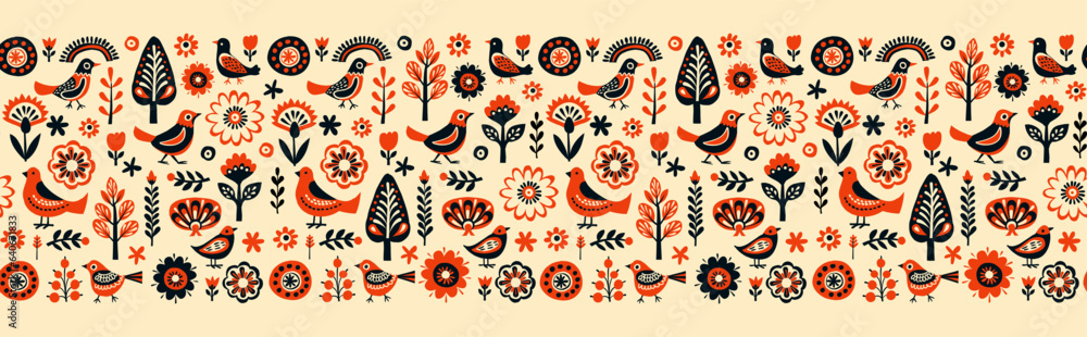 Obraz premium Simple minimalist Scandinavian seamless pattern with birds and flowers