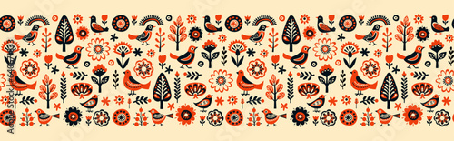 Simple minimalist Scandinavian seamless pattern with birds and flowers