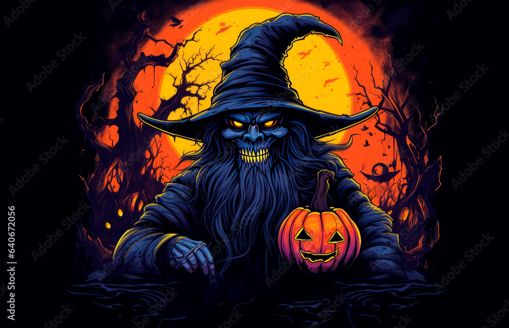 Graphic T-shirt design style halloween wizard. Spooky illustration Graphic T-shirt design style halloween wizard. Spooky illustration